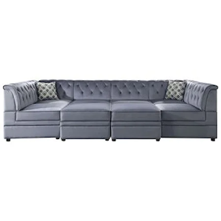 4-Seat Tufted Sectional Sofa with Faux Crystal Buttons and 2 Storage Ottomans